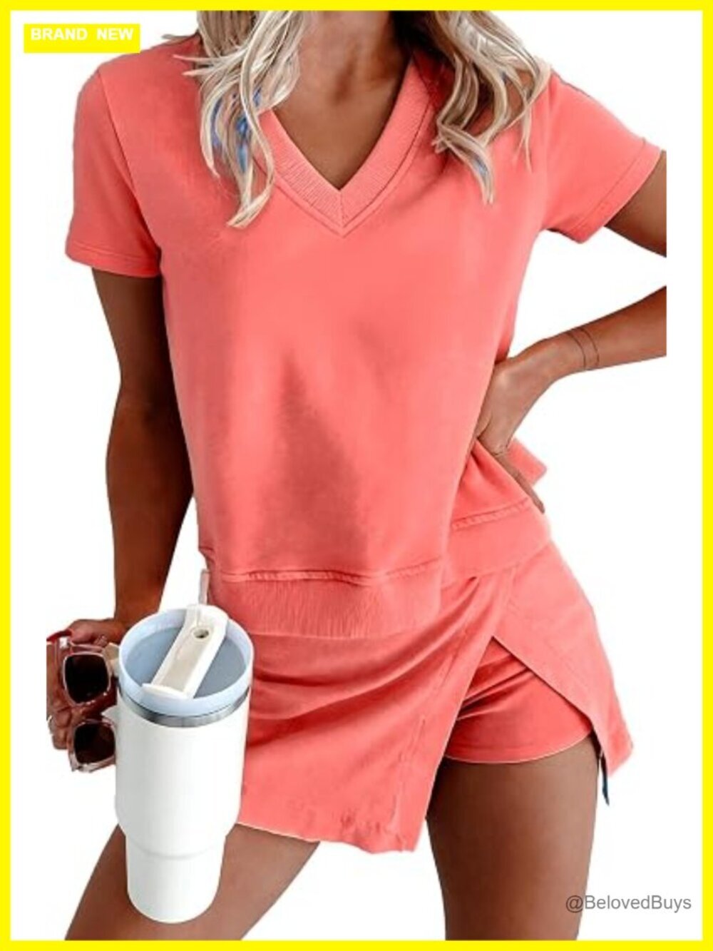 Women's 2 Piece Lounge Set V Neck Short Sleeve Tee and Lined Split Skort